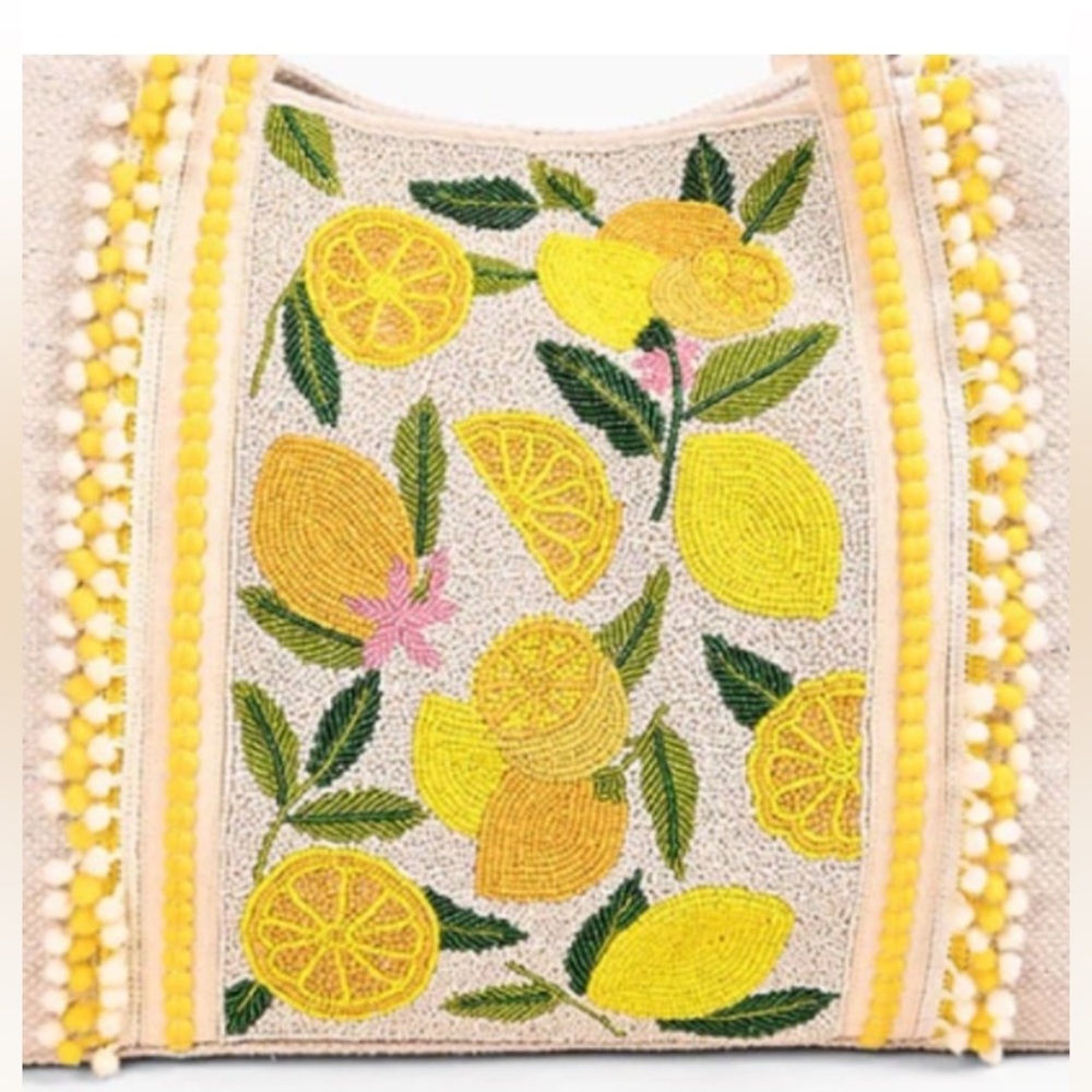 RARE Like new America & Beyond Lemon Hand Beaded beach Tote - Picture 5 of 16